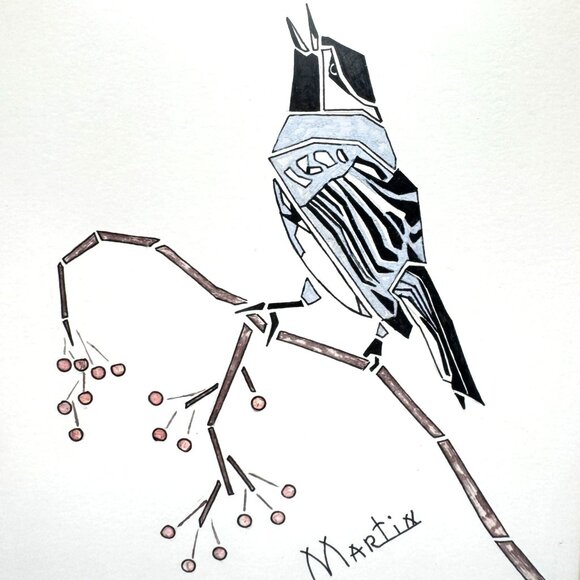 Framed Bird Illustration Signed By Artist Martin Red Bamboo-Style Frame 7.25" - Picture 2 of 11